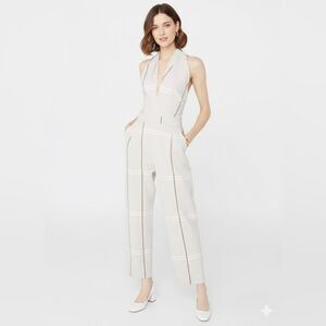 Mango Cream Halter Neck Jumpsuit with Thin Brown Stripes